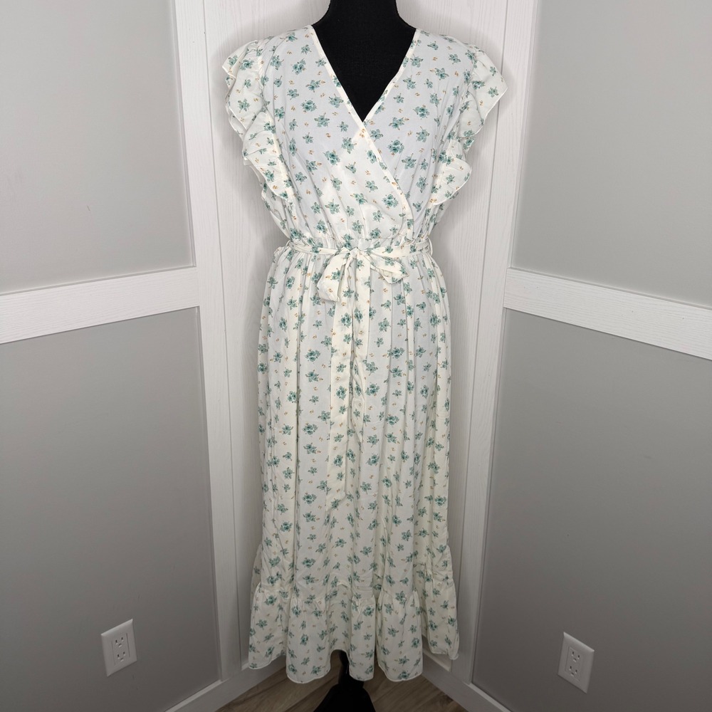Kohl's Maxi Dress Womens XL Ivory Green Floral Ruffle Sleeve Elastic Waist Belt